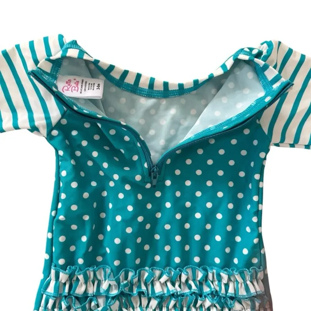 Ruffle Butts Aqua Polka Dot Long Sleeve Rash Guard Size 3-6 M